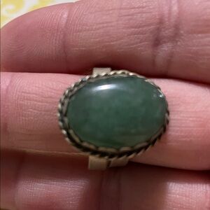 Rustic Hand Crafted Green Jade and Pewter Ring from Mexico, Adjustable, EUC
